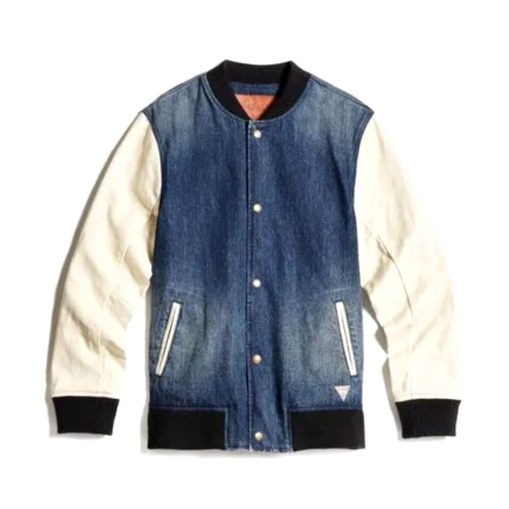A$AP ROCKY × GUESS COLLAB MEN’S DENIM VARSITY BOMBER JACKET – SIZE LARGE – CLEAN